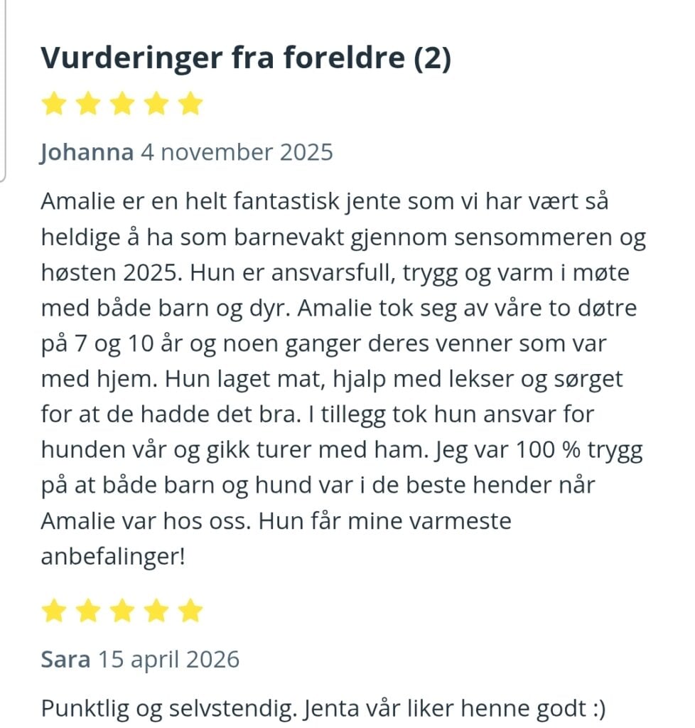 To gode anmeldelser fra foreldre for en barnevakt på Sitly