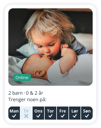 Foreldreprofil på Sitly som søker barnevakt til 2 barn i alderen 0 og 2 år