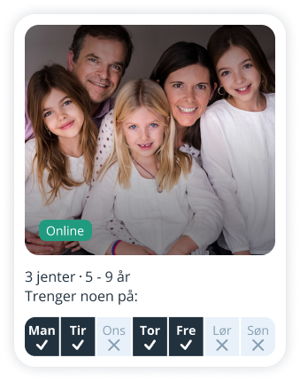 Foreldreprofil på Sitly som søker barnevakt til 3 jenter i alderen 5-9 år